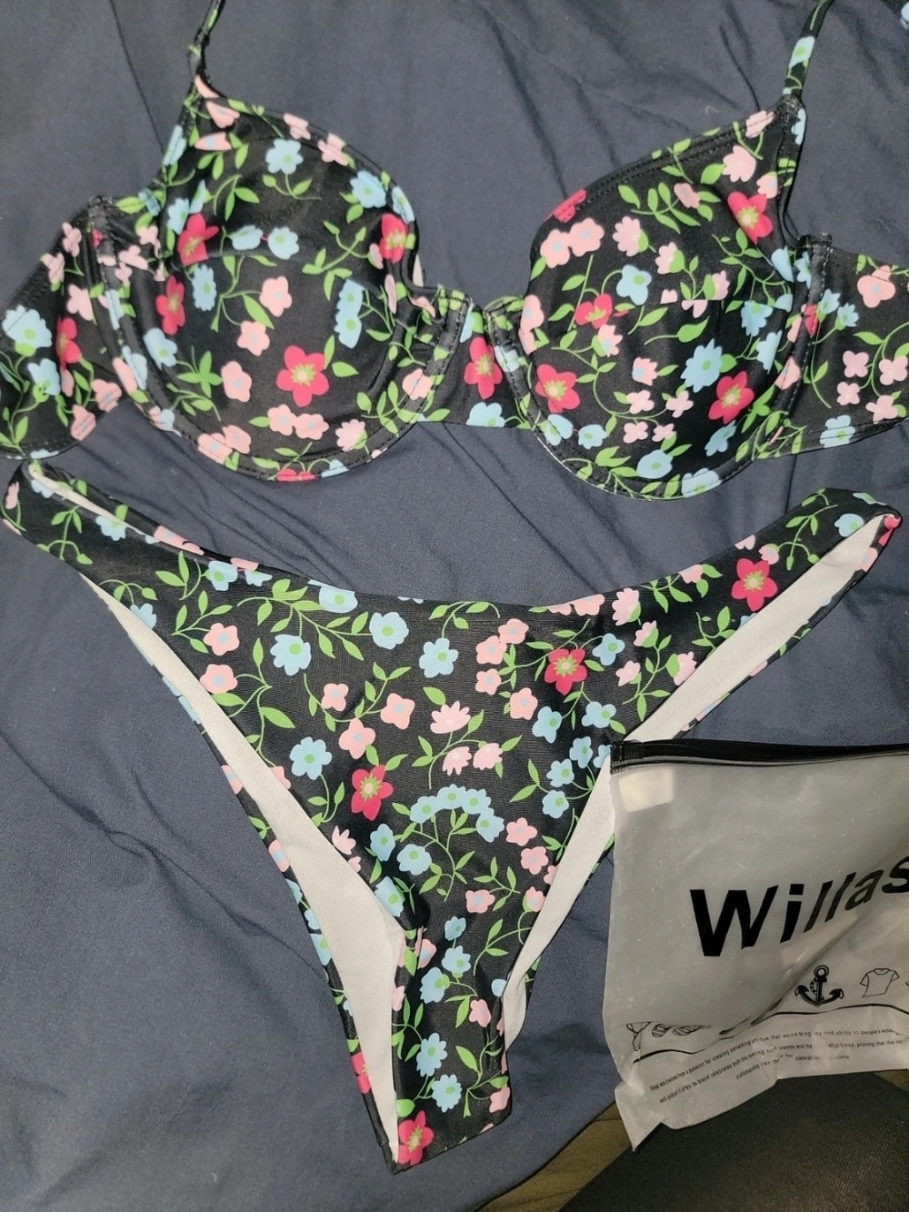 Black Floral Two-Piece Swim Set with Pink & Light Blue Flowers Size Medium